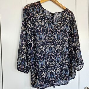 Papermoon Dressy Blouse  for  Stitch Fix‎ Navy Paisley Sheer Long Sleeve, Med